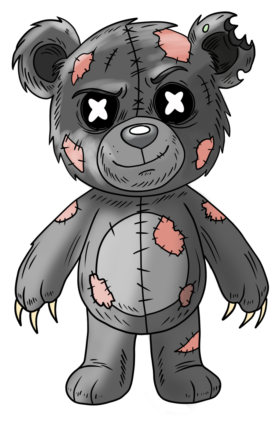 Undead Ted — a stitched-up zombie teddy bear with X eyes and a torn ear